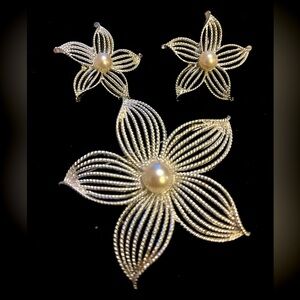 Vintage Moon Flower Brooch and Earring Set